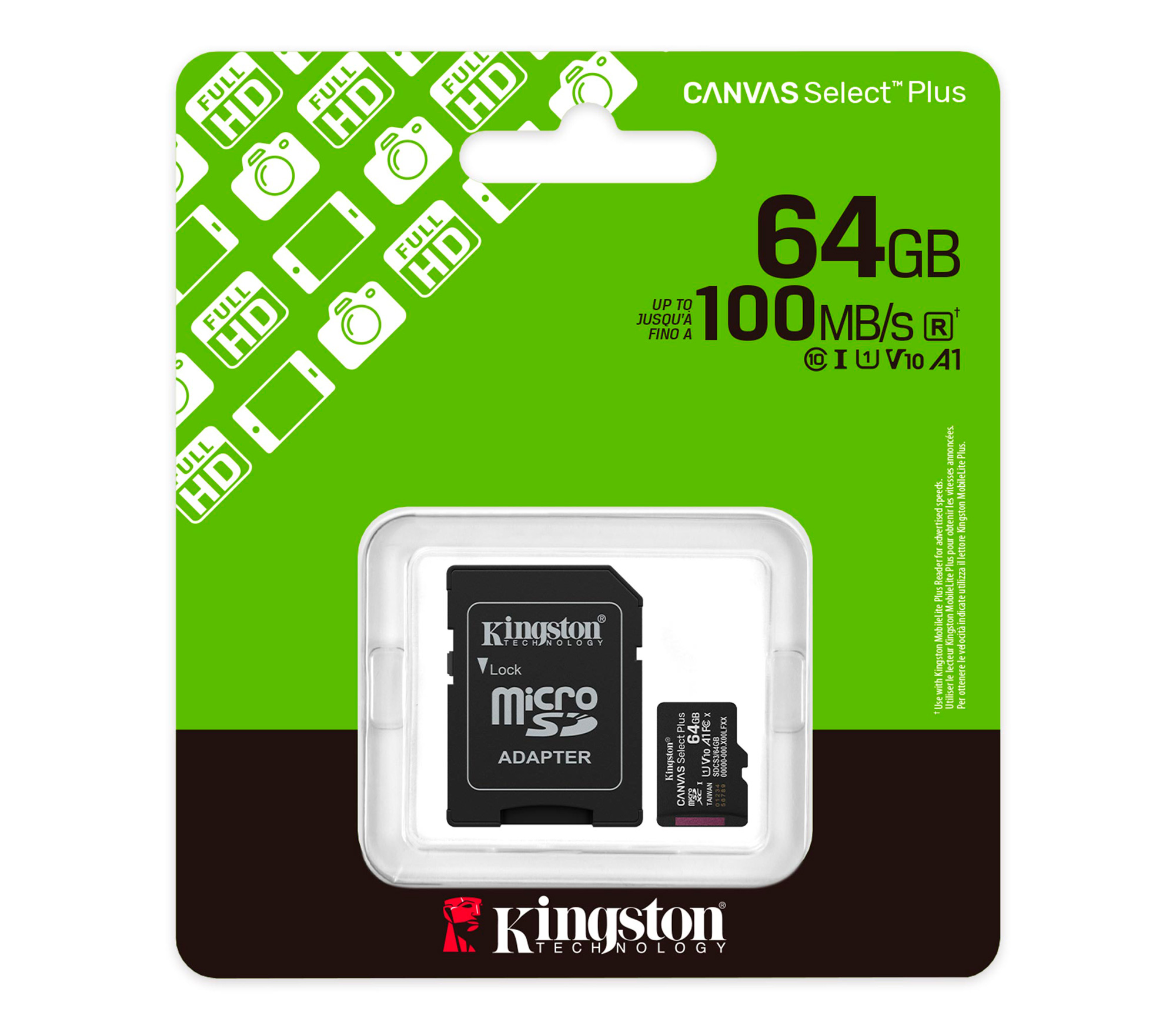 Карта памяти Kingston MicroSDXC 64GB Canvas Select Plus Gen3 UHS-I U1 A1, с адаптером SD