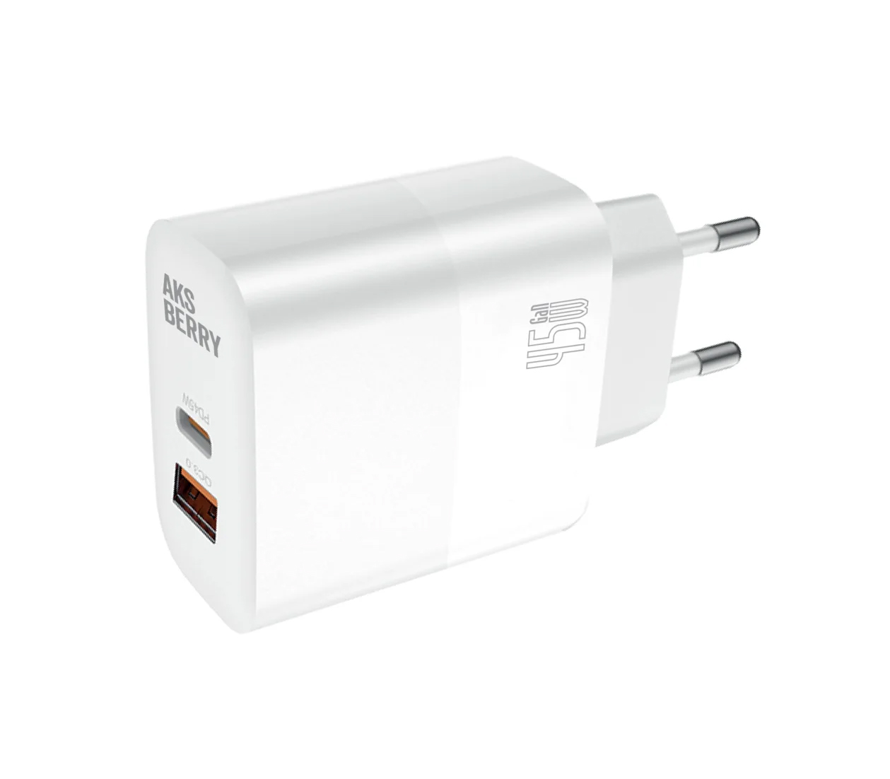 Зарядное устройство Aksberry T45, USB-C + USB-A, 45 Вт, белое